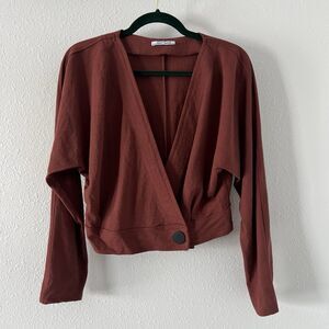 Zara Trafaluc Top Womens M Rust Crop Wrap Long Sleeve Plunge V-Neck Knit Shirt